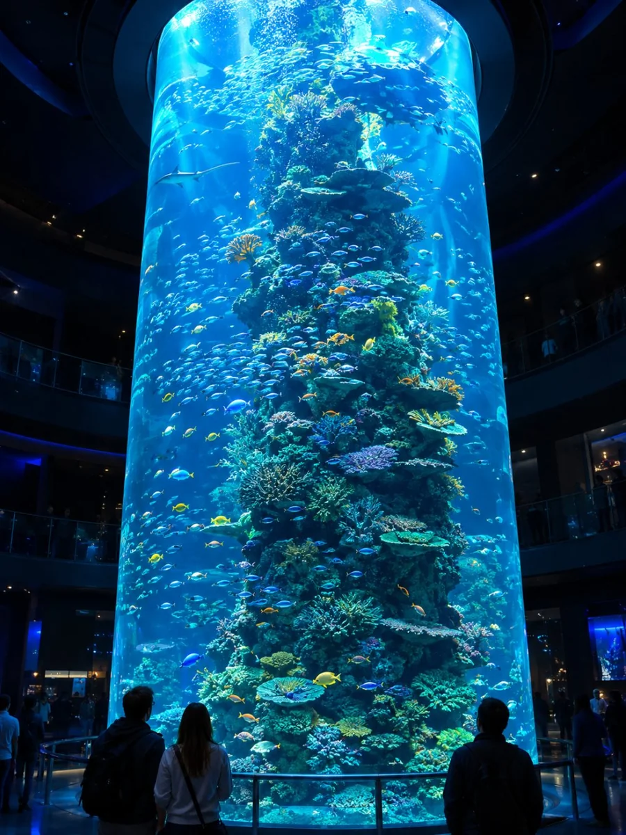 A tall cylindrical reef tank glowing blue inside a dark aquarium hall, with visitors looking up